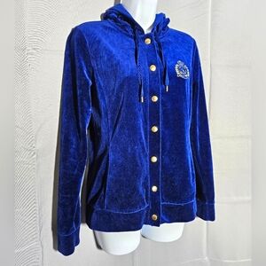 VINTAGE Y2K 90s Velour Ralph Lauren Blue/ Gold Knit Hooded Zip Up Jacket Sz Med